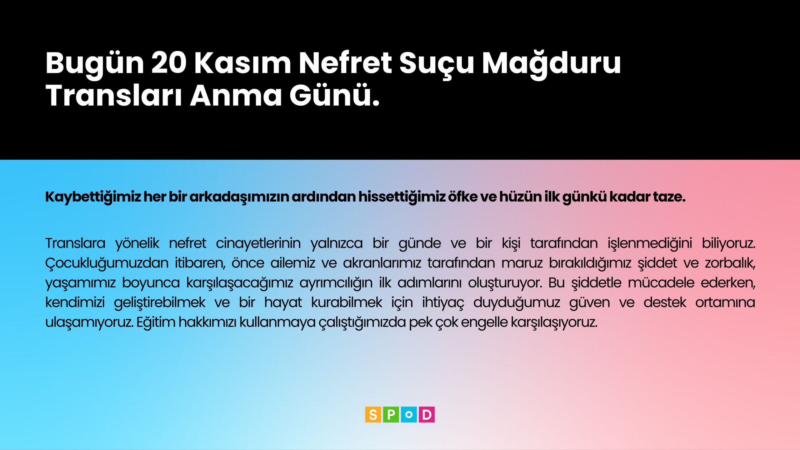 20 Kasım Nefret Suçu Mağduru Transları Anma Günü Açıklamamız.